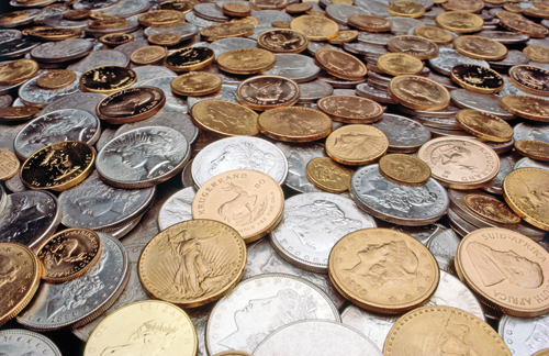 mixture of silver and gold coins